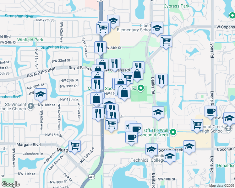 map of restaurants, bars, coffee shops, grocery stores, and more near 2100 Mears Parkway in Margate