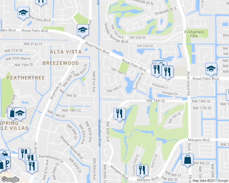 map of restaurants, bars, coffee shops, grocery stores, and more near 1805 Northwest 78th Avenue in Margate