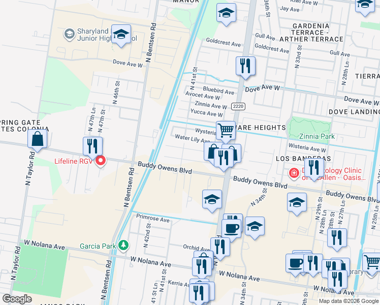 map of restaurants, bars, coffee shops, grocery stores, and more near 4005 Violet Avenue in McAllen