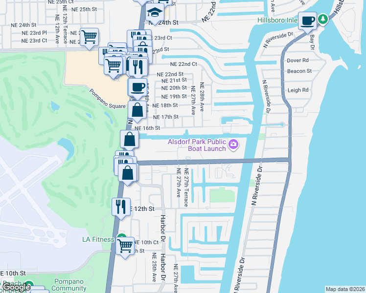 map of restaurants, bars, coffee shops, grocery stores, and more near 250 Northeast 27th Terrace in Pompano Beach