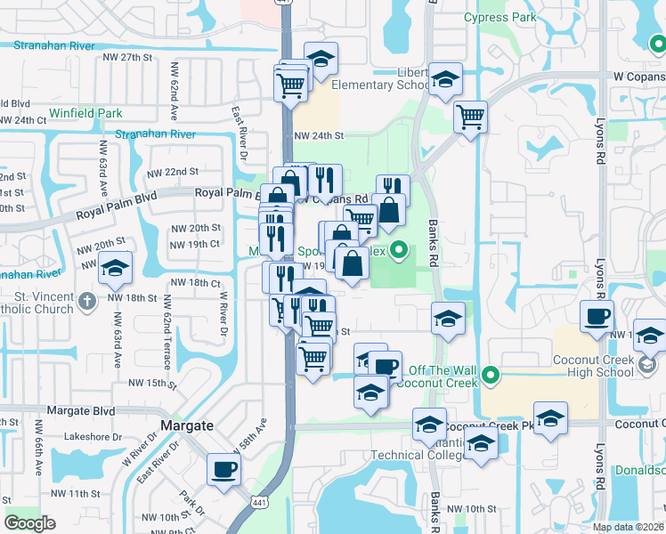 map of restaurants, bars, coffee shops, grocery stores, and more near 2100 Mears Parkway in Margate
