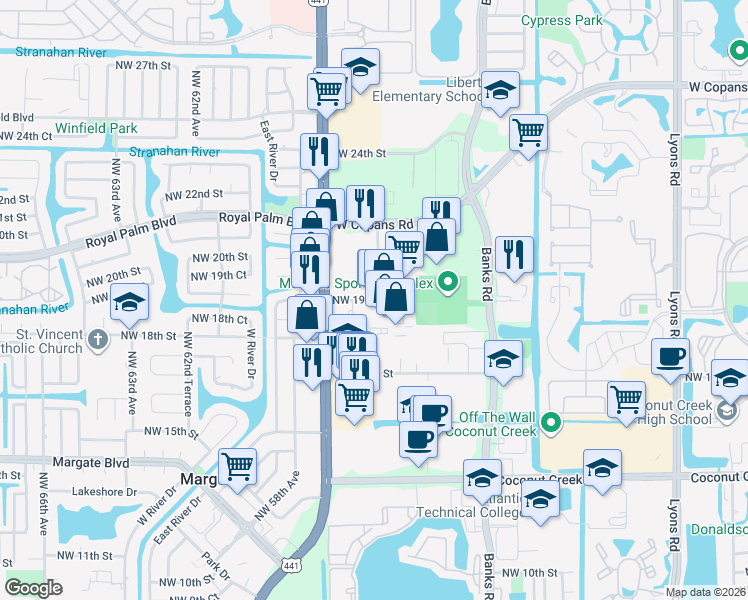 map of restaurants, bars, coffee shops, grocery stores, and more near 2100 Mears Parkway in Margate