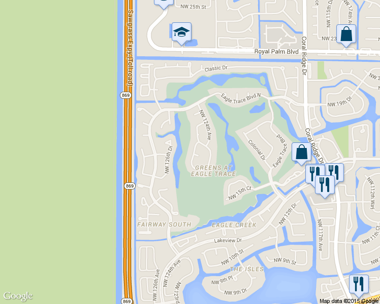 map of restaurants, bars, coffee shops, grocery stores, and more near 1820 Northwest 124th Way in Coral Springs