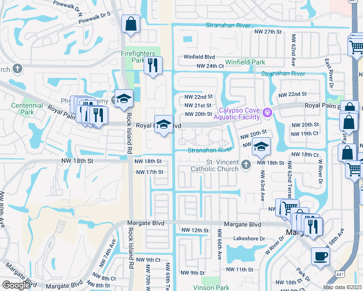 map of restaurants, bars, coffee shops, grocery stores, and more near 6870 Royal Palm Boulevard in Margate
