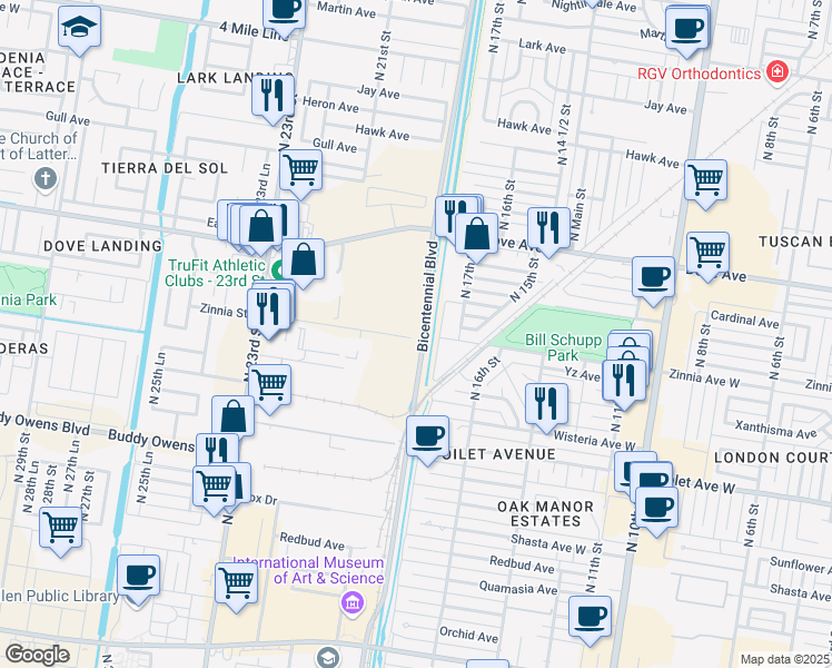 map of restaurants, bars, coffee shops, grocery stores, and more near 1800 Industrial Drive in McAllen
