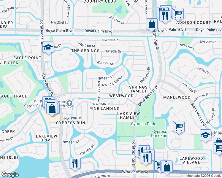 map of restaurants, bars, coffee shops, grocery stores, and more near 10981 Cypress Run Circle in Coral Springs