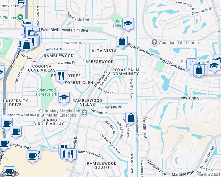 map of restaurants, bars, coffee shops, grocery stores, and more near 8398 Northwest 17th Court in Coral Springs