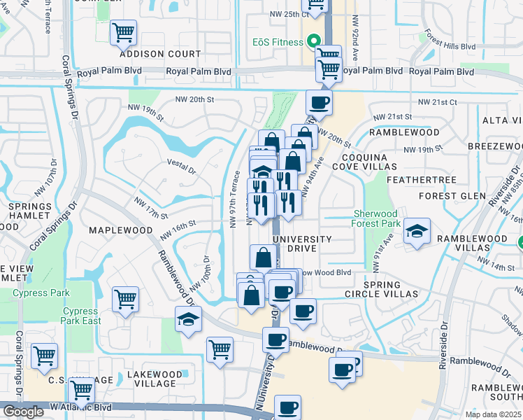 map of restaurants, bars, coffee shops, grocery stores, and more near 1670 North University Drive in Coral Springs