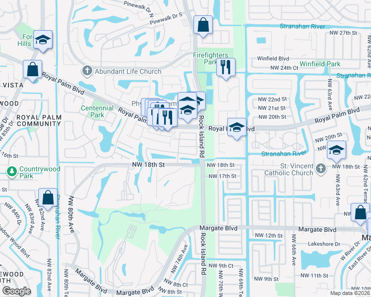 map of restaurants, bars, coffee shops, grocery stores, and more near 7366 Cypress Dr in Margate