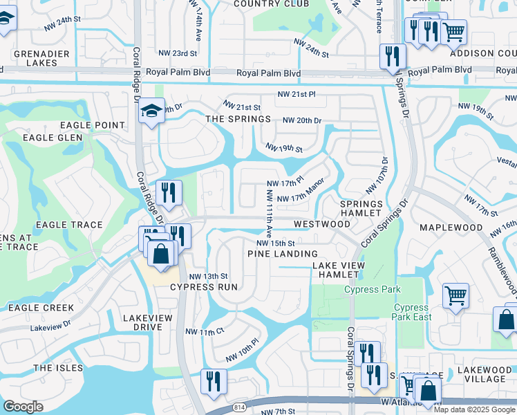 map of restaurants, bars, coffee shops, grocery stores, and more near 11198 Northwest 16th Place in Coral Springs