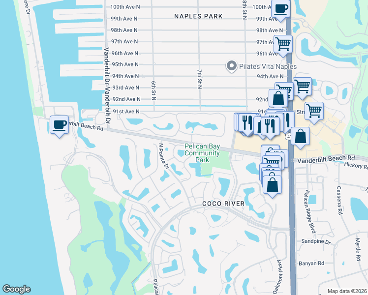 map of restaurants, bars, coffee shops, grocery stores, and more near 795 Bentwater Circle in Naples