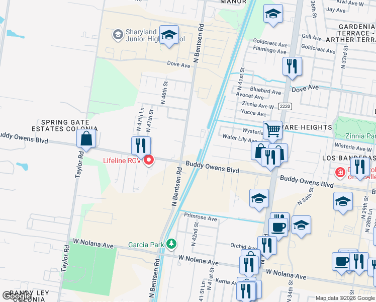 map of restaurants, bars, coffee shops, grocery stores, and more near 4700 North Bentsen Road in McAllen