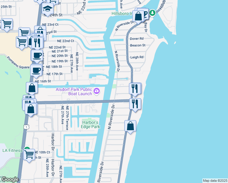 map of restaurants, bars, coffee shops, grocery stores, and more near 1505 North Riverside Drive in Pompano Beach