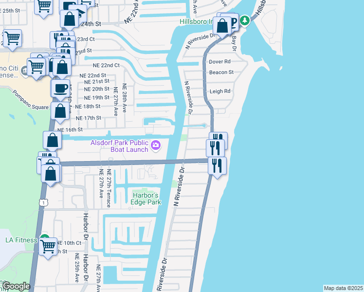 map of restaurants, bars, coffee shops, grocery stores, and more near 1505 North Riverside Drive in Pompano Beach