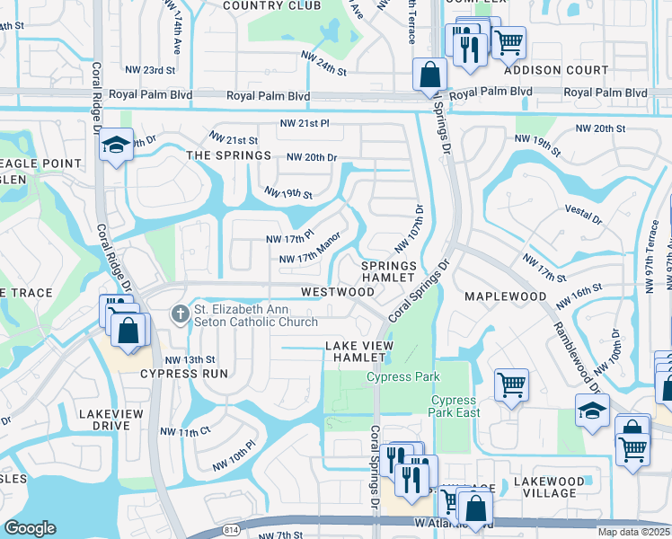map of restaurants, bars, coffee shops, grocery stores, and more near 1680 Cypress Pointe Drive in Coral Springs