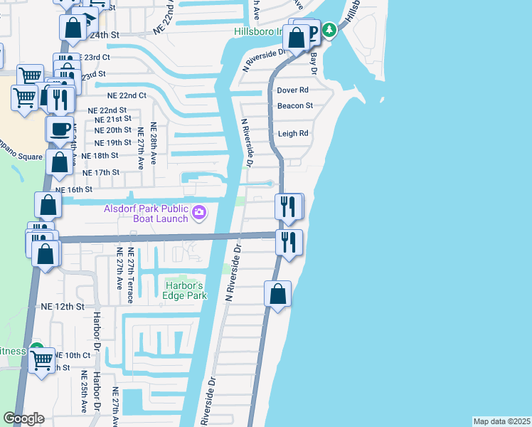 map of restaurants, bars, coffee shops, grocery stores, and more near 3221 Northeast 15th Street in Pompano Beach