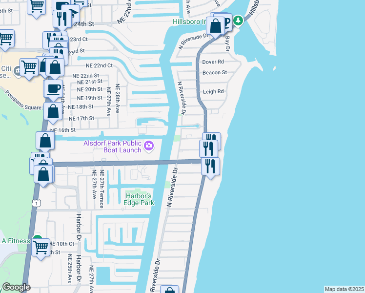 map of restaurants, bars, coffee shops, grocery stores, and more near 3221 Northeast 15th Street in Pompano Beach