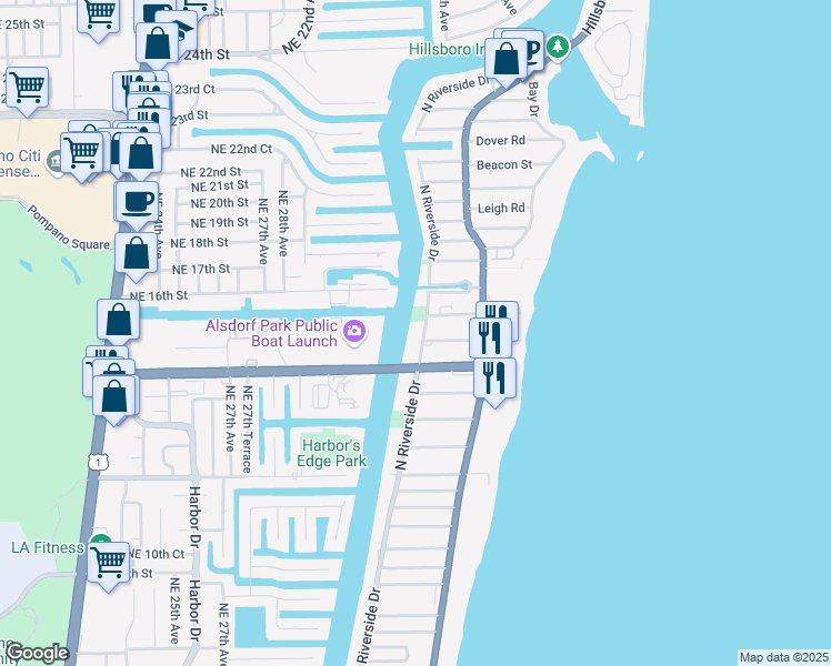 map of restaurants, bars, coffee shops, grocery stores, and more near 1505 North Riverside Drive in Pompano Beach