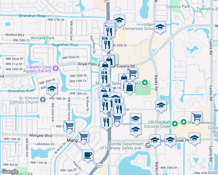 map of restaurants, bars, coffee shops, grocery stores, and more near 1855 Florida 7 in Margate