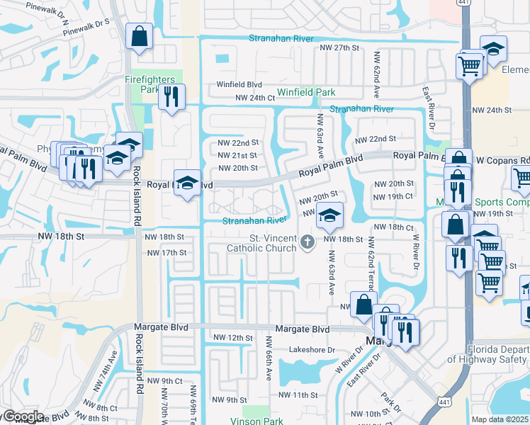 map of restaurants, bars, coffee shops, grocery stores, and more near 6670 Royal Palm Boulevard in Margate