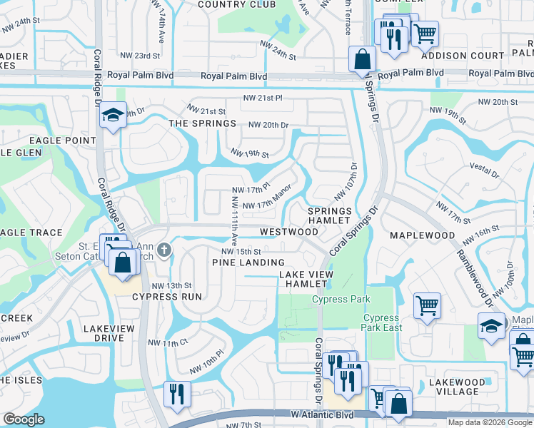 map of restaurants, bars, coffee shops, grocery stores, and more near 10981 Cypress Run Circle in Coral Springs