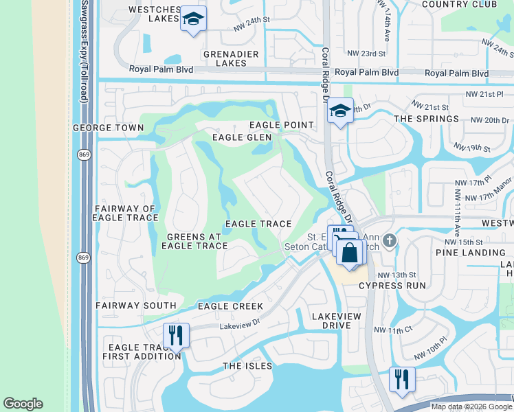 map of restaurants, bars, coffee shops, grocery stores, and more near 1857 Colonial Drive in Coral Springs