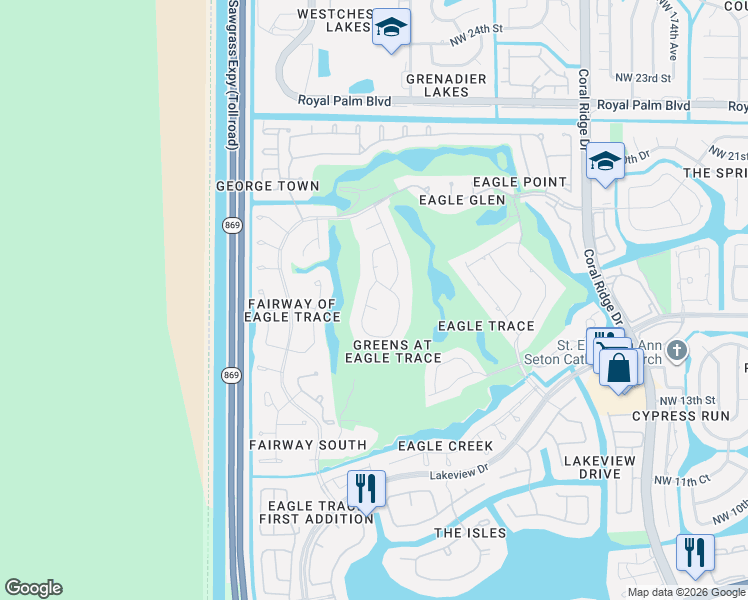 map of restaurants, bars, coffee shops, grocery stores, and more near 1820 Northwest 124th Way in Coral Springs
