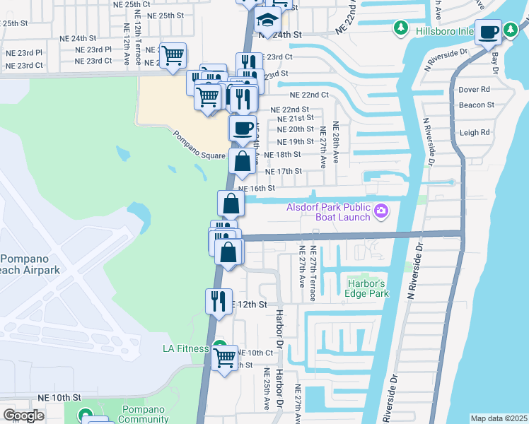 map of restaurants, bars, coffee shops, grocery stores, and more near 2519 Northeast 15th Street in Pompano Beach