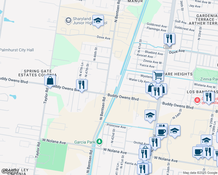 map of restaurants, bars, coffee shops, grocery stores, and more near 4700 North Bentsen Road in McAllen