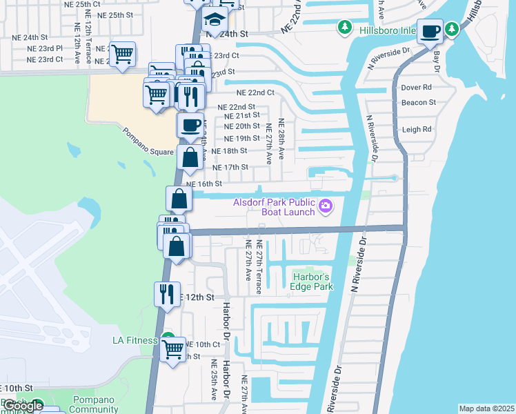 map of restaurants, bars, coffee shops, grocery stores, and more near 2749 Northeast 15th Street in Pompano Beach