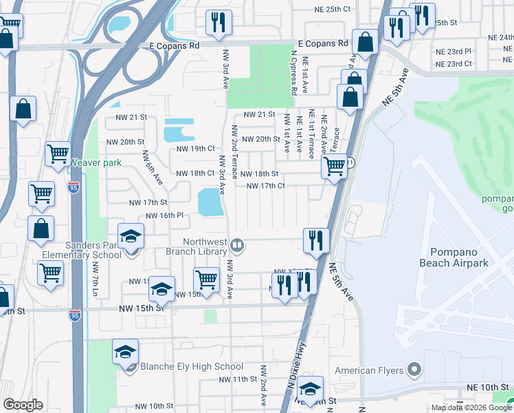 map of restaurants, bars, coffee shops, grocery stores, and more near 1681 Northwest 1st Way in Pompano Beach