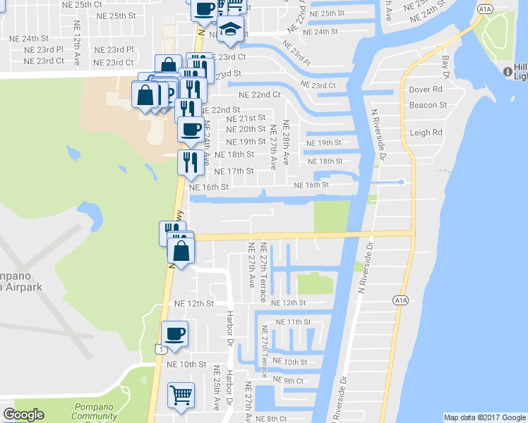 map of restaurants, bars, coffee shops, grocery stores, and more near 2753 Northeast 15th Street in Pompano Beach