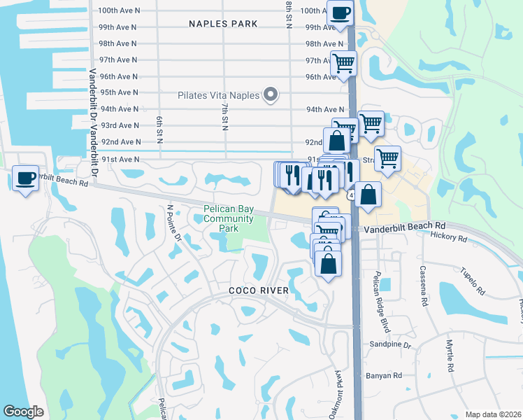 map of restaurants, bars, coffee shops, grocery stores, and more near 751 County Road 862 in Naples