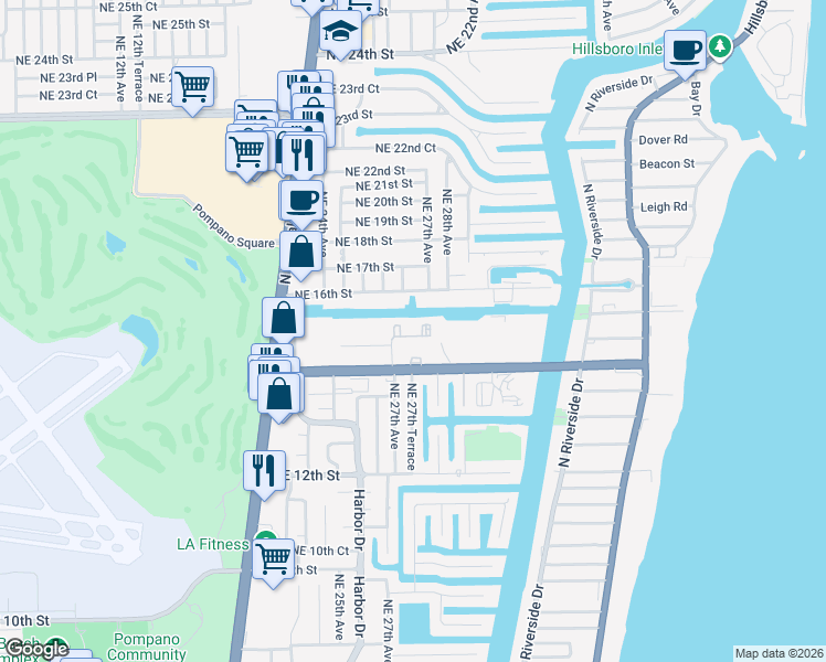 map of restaurants, bars, coffee shops, grocery stores, and more near 2753 Northeast 15th Street in Pompano Beach