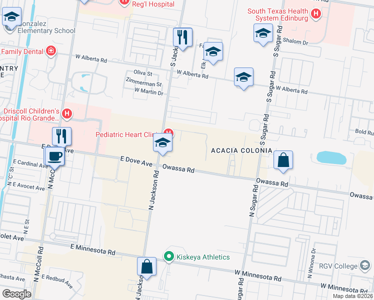 map of restaurants, bars, coffee shops, grocery stores, and more near 2005 West Owassa Road in Pharr