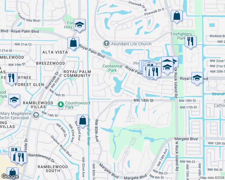 map of restaurants, bars, coffee shops, grocery stores, and more near 7805 Sunflower Drive in Margate