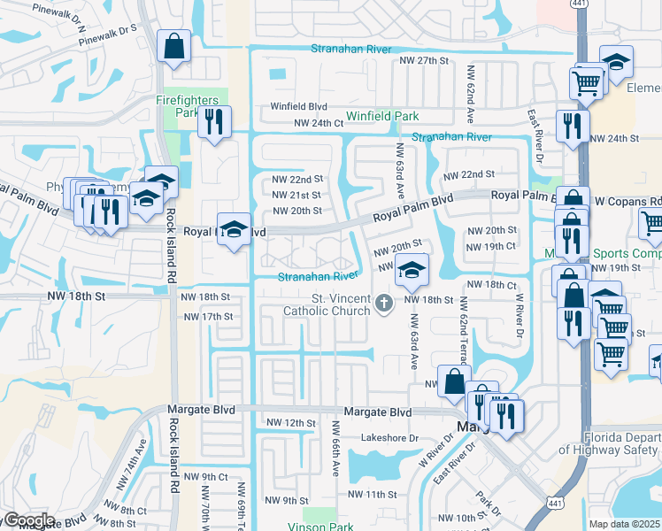 map of restaurants, bars, coffee shops, grocery stores, and more near 6670 Royal Palm Boulevard in Margate