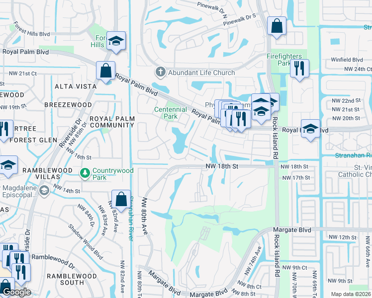 map of restaurants, bars, coffee shops, grocery stores, and more near 7625 Sunflower Drive in Margate