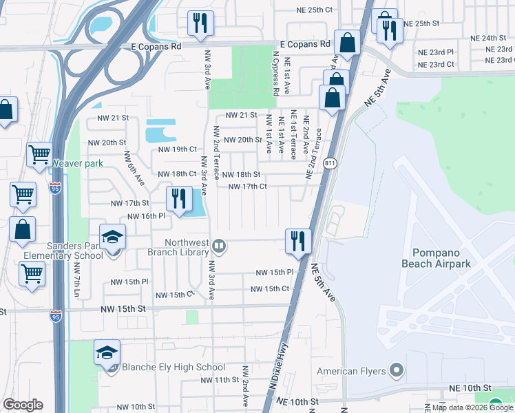 map of restaurants, bars, coffee shops, grocery stores, and more near 1681 Northwest 1st Avenue in Pompano Beach