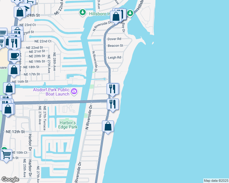 map of restaurants, bars, coffee shops, grocery stores, and more near 1504 North Ocean Boulevard in Pompano Beach