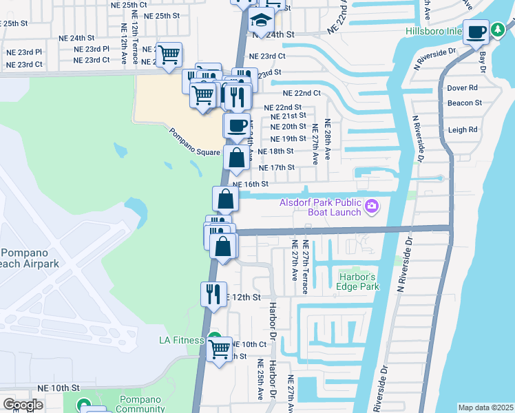map of restaurants, bars, coffee shops, grocery stores, and more near 2521 Northeast 15th Street in Pompano Beach