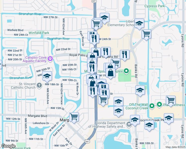 map of restaurants, bars, coffee shops, grocery stores, and more near 1855 Florida 7 in Margate