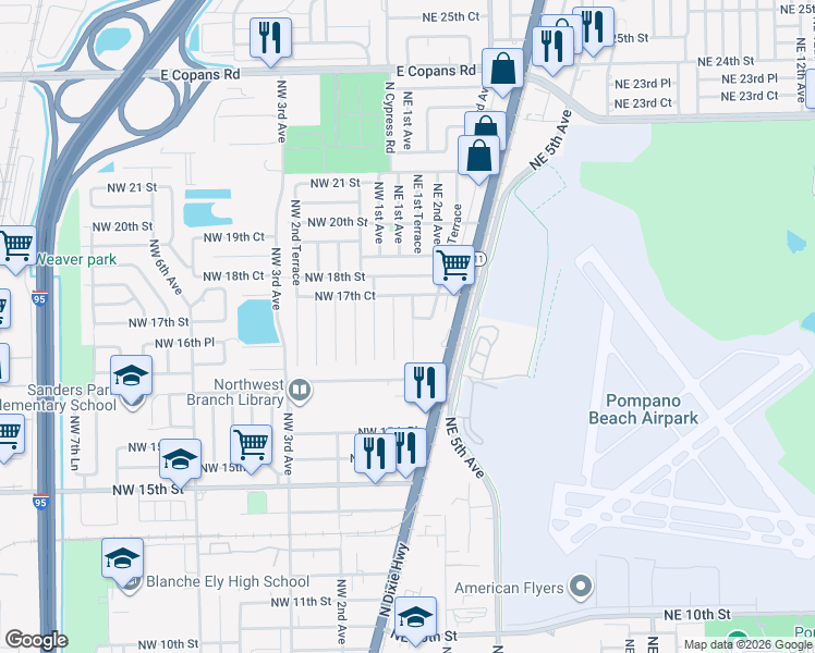 map of restaurants, bars, coffee shops, grocery stores, and more near 1681 Northeast 1st Avenue in Pompano Beach
