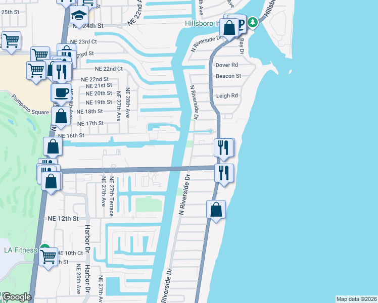 map of restaurants, bars, coffee shops, grocery stores, and more near 1505 North Riverside Drive in Pompano Beach