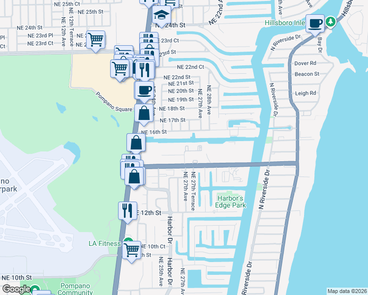 map of restaurants, bars, coffee shops, grocery stores, and more near 2637 Northeast 15th Street in Pompano Beach