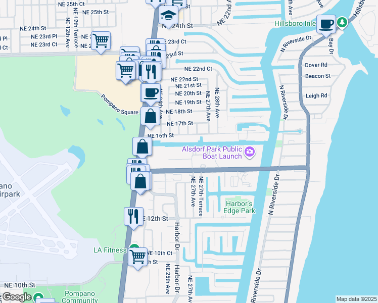 map of restaurants, bars, coffee shops, grocery stores, and more near 2637 Northeast 15th Street in Pompano Beach