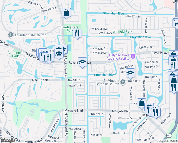 map of restaurants, bars, coffee shops, grocery stores, and more near 6870 Royal Palm Boulevard in Margate