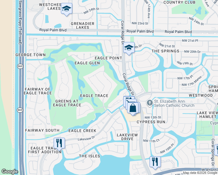 map of restaurants, bars, coffee shops, grocery stores, and more near 1800 Eagle Trace Boulevard in Coral Springs