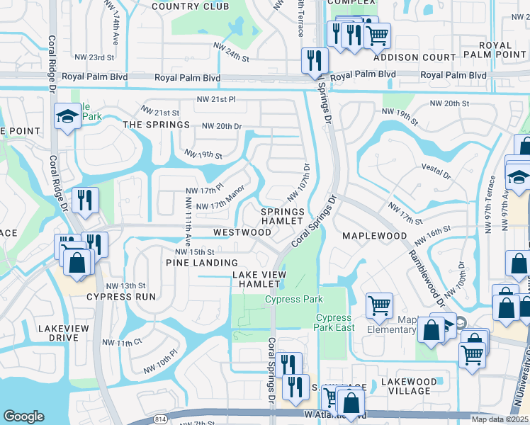 map of restaurants, bars, coffee shops, grocery stores, and more near 1641 Cypress Pointe Drive in Coral Springs