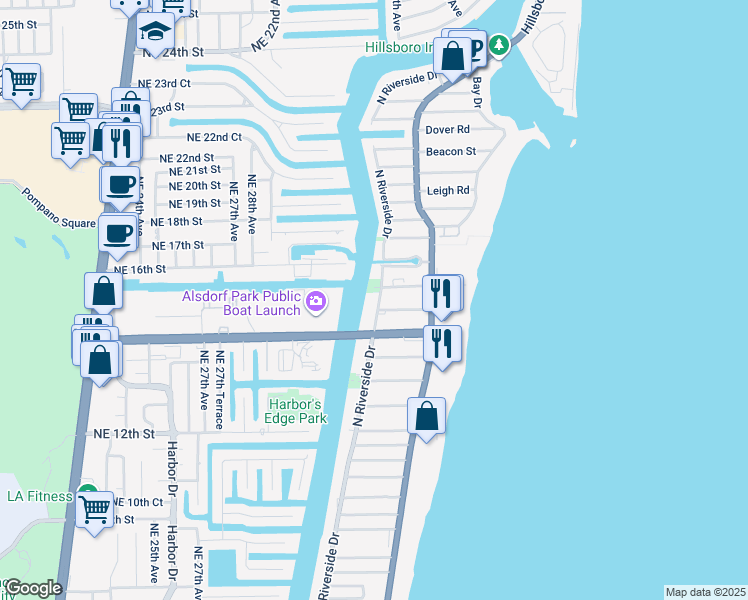 map of restaurants, bars, coffee shops, grocery stores, and more near 1505 North Riverside Drive in Pompano Beach